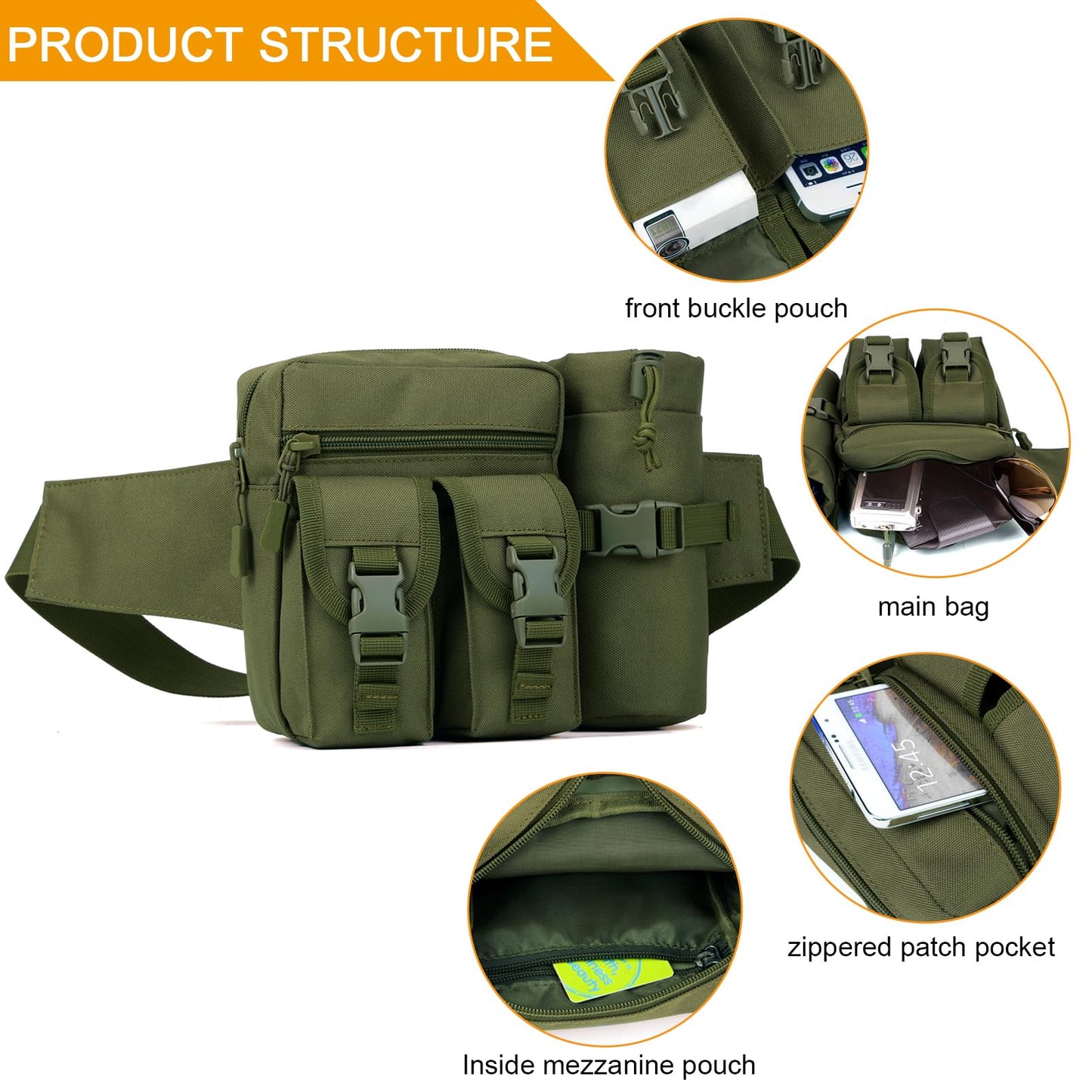 Huntvp Tactical Waist Pack Pouch With Water Bottle Pocket Holder WR Molle Fanny Hip Belt Bag (Army Green)
