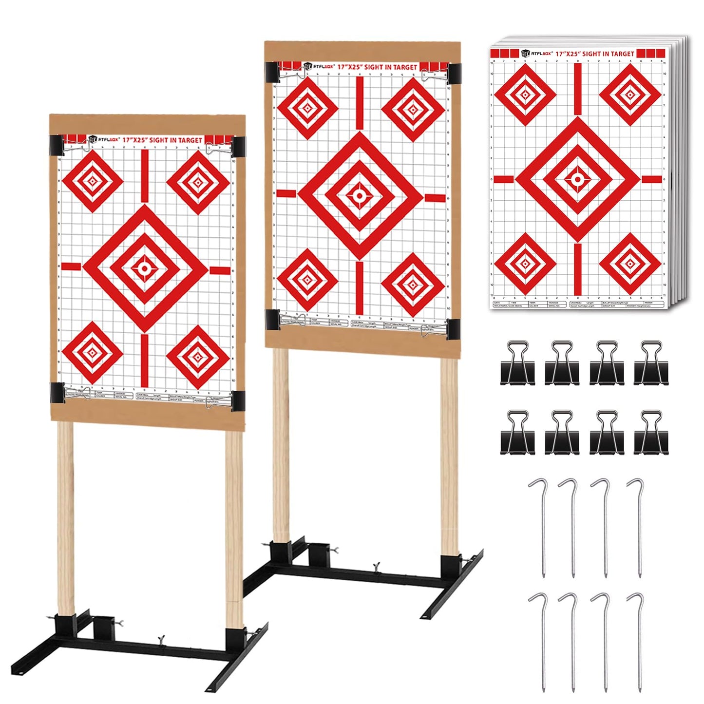 Atflbox 2 Pack Shooting Target Stand with 10pcs 17x25 Inch Sight in Paper Targets, Durable Paper Target Holder with Stable Adjustable Base for Cardboard Silhouette, H Shape, USPSA/IPSC, IDPA Practice
