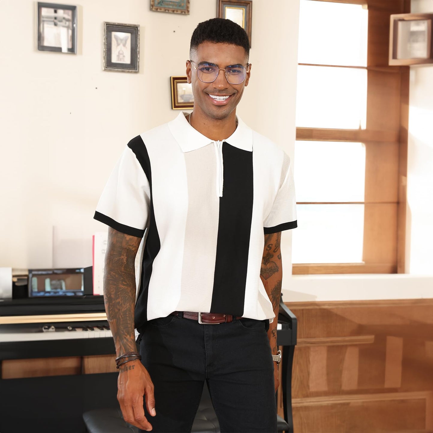 Men's Fashion Polo Shirts Vintage Striped Knitting Shirts Casual Slim Fit Golf Shirts White