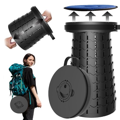 Upgraded XXL Collapsible Stool with Cushion,19.7"H-11.8"D Telescoping Folding Stool for Adults,More Sturdy Portable Camping Stools with Load Capacity 1000lbs for Outdoor,Garden,Fishing,Hiking
