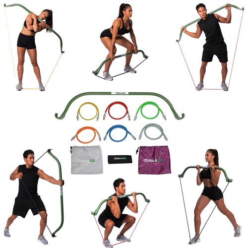 Lite Gorilla Bow Exercise Bow with Resistance Bands Workout Equipment for Legs, Arms, Waist, Shoulders and Back, Portable Home Exercise Equipment for Men and Women (Lite Bow, Green, Heavy Bundle)