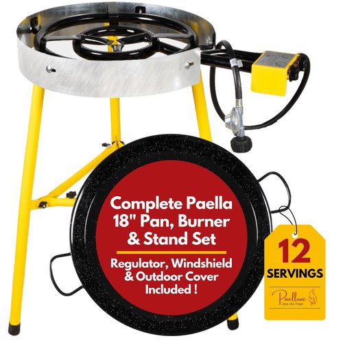 Paelluxe Paella Burner and Stand Set 12 Servings, 18 Inch Paella Pan, Dual Propane Outdoor Stove with Stand & Regulator, Portable Gas Cooker for Camping Crawfish Boil Cooking Outdoor, Paellera Propano