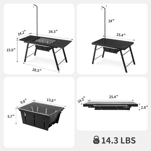 Naturehike Portable IGT Table with Charcoal Grill, Folding Camping Table and BBQ Grill with Desk Extension & Lantern Stand, Perfect for Outdoor Barbecue Camping Cooking Travel Picnic