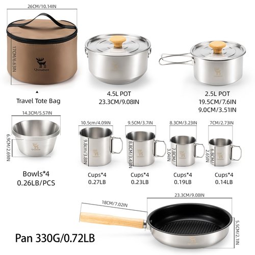 Qunature Camping Cookware Set 11PCS 304 Stainless Steel Campfire Cooking Pots Pan and Bowls Cups with Travel Tote Bag for Outdoor Kitchen Cooking Picnic