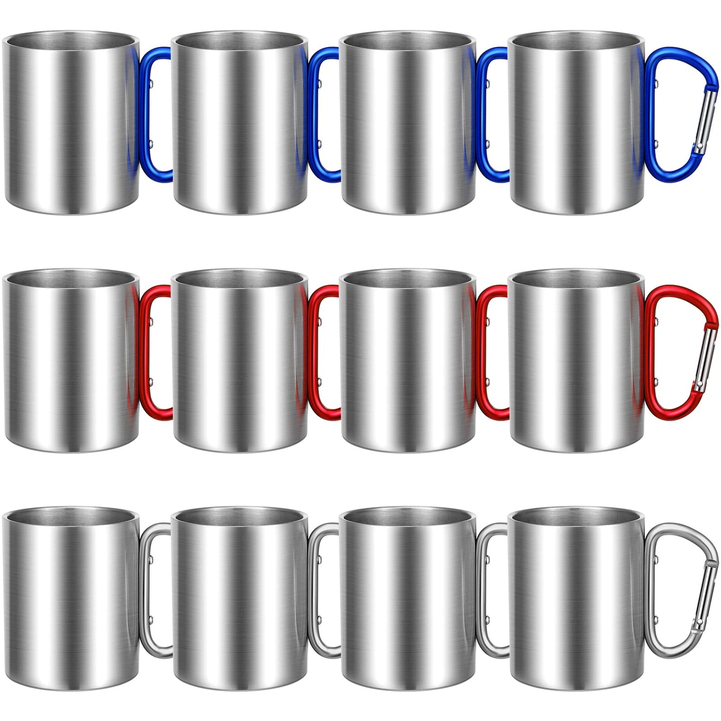 Nuanchu 12 Pcs Insulated Stainless Steel Camping Cup 10 oz Portable Camping Coffee Mug with D Ring Handle Hiking Mug for Home Tea Hot Cold Drinks Outdoor Sports Travel Backpacking Kitchen, 3 Styles