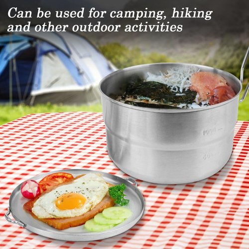DOERDO Stainless Steel Camping Cook Pot with Lid and Folding Handle, 1.5L Camping Cookware Large Capacity Bento Pot for Outdoor Hiking Picnic