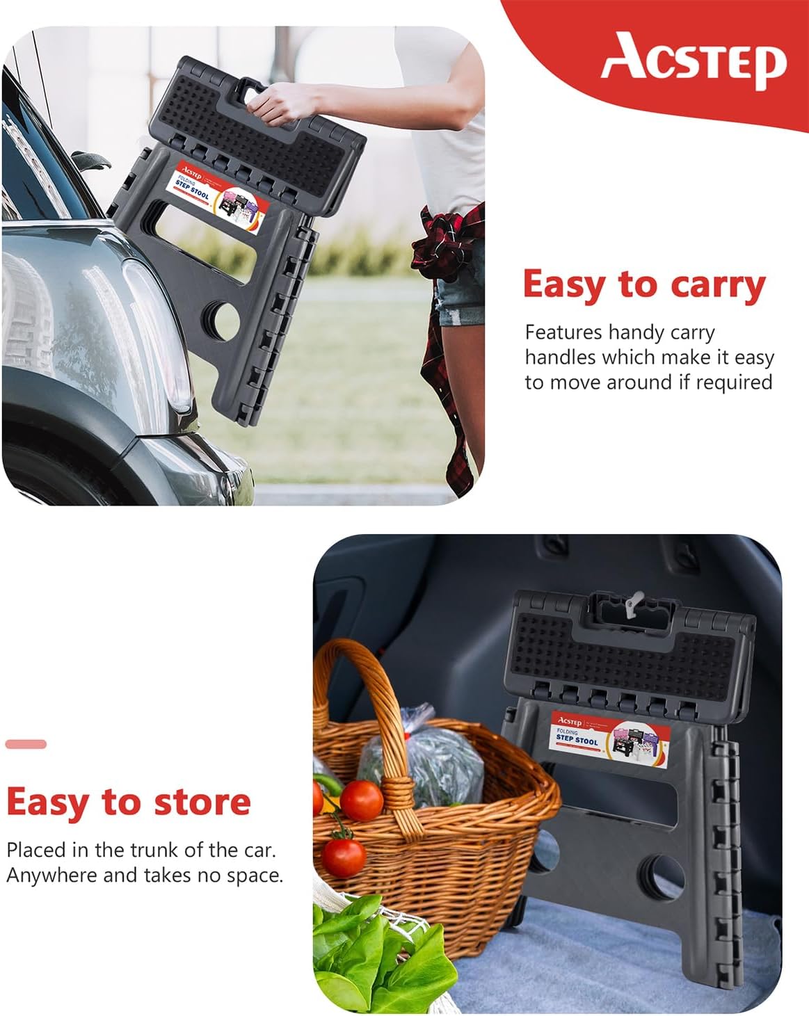 ACSTEP Folding Step Stool Foldable Stool 7.5 Inch Height Kids Step Stool, 300 lb Capacity Plastic Collapsible Stool, Stepping Stool with Handle Black Small Step Stool, Foot Stool Suitable for Kitchen