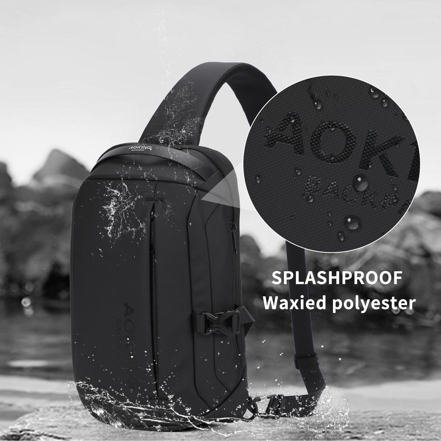 AOKING Lightweight Sling Bag for Men,Waterproof Crossbody Shoulder Backpack with USB Charging Port,Casual Cross Body Bag (Black 1)