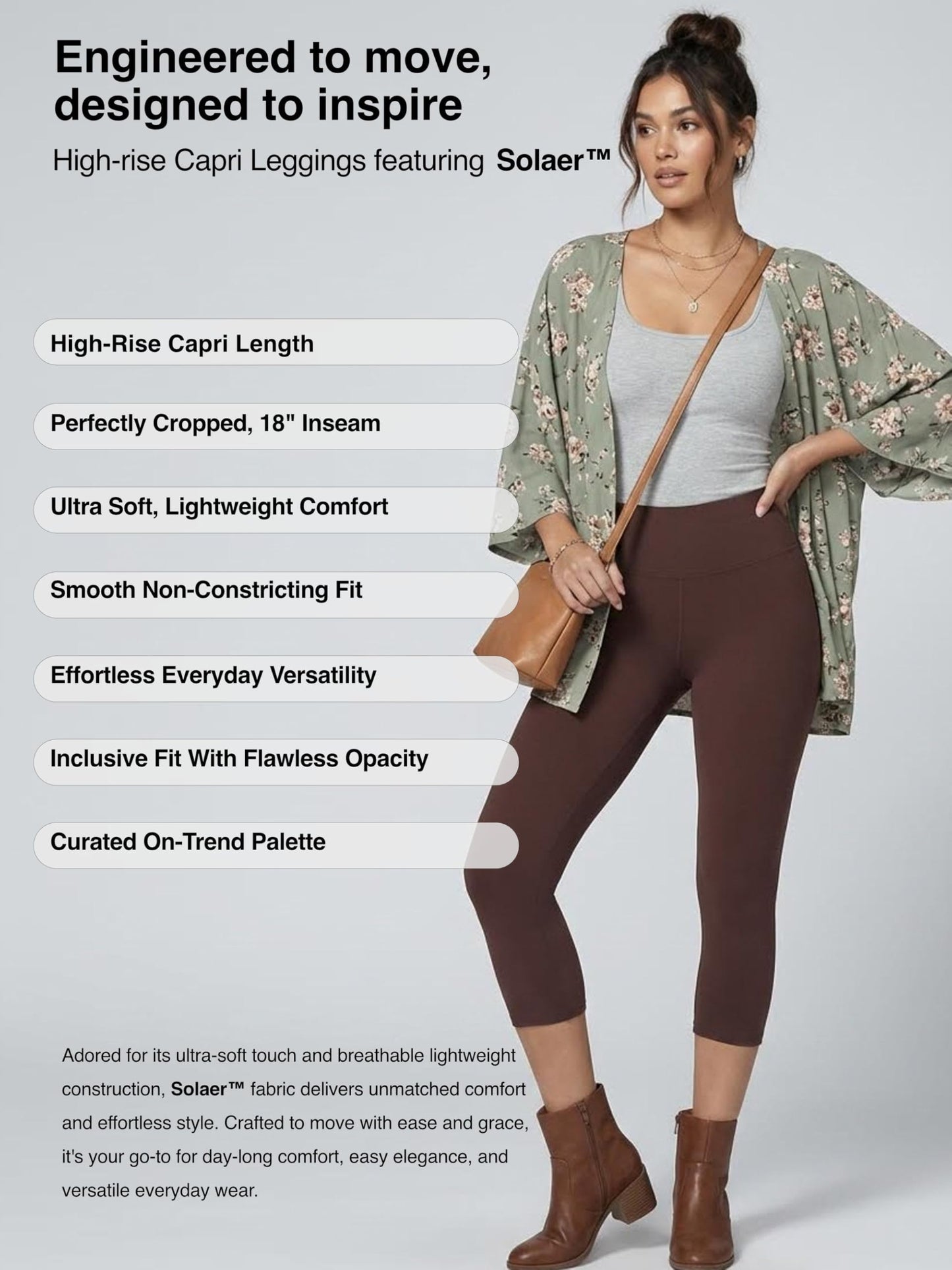 Conceited Capri Leggings for Women - High Waisted - Soft - Casual - Brown - Small - Medium