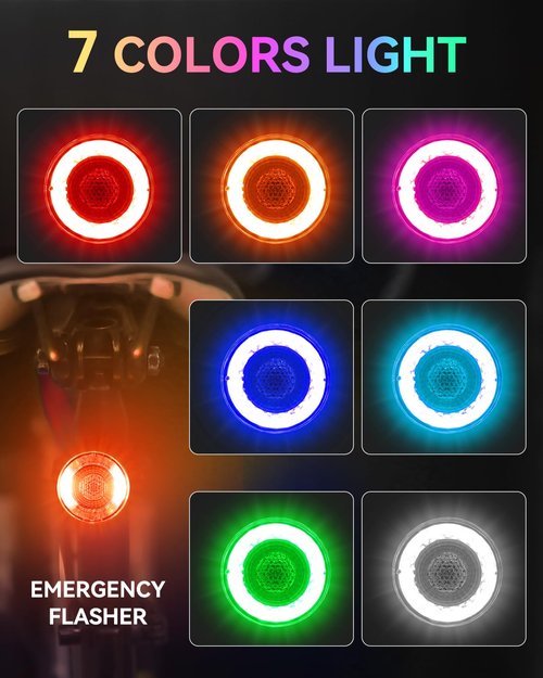 ONVIAN Colorful Bike Tail Light with Turn Signals, USB Rechargeable Bike Brake Light with Wireless Remote, 15 Light Modes 7 Colors Waterproof Cycling Safety Light for Adults Kids Road Mountain