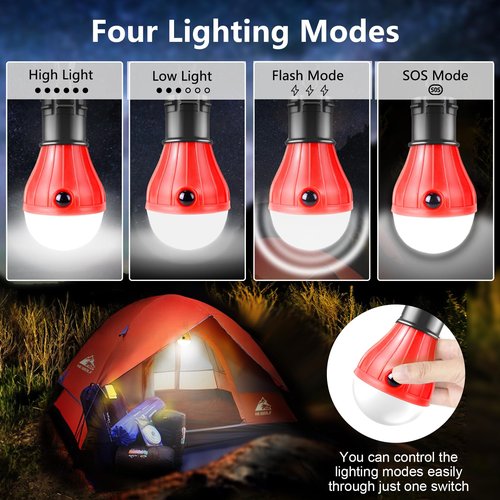 PEMOTech Camping Lantern 4 Pack, 4 Lighting Modes LED Camping Lights Bulbs with Clip Hooks, Waterproof Portable Battery Operated Emergency Tent Lights for Outdoor Camping Hiking Fishing Hunting