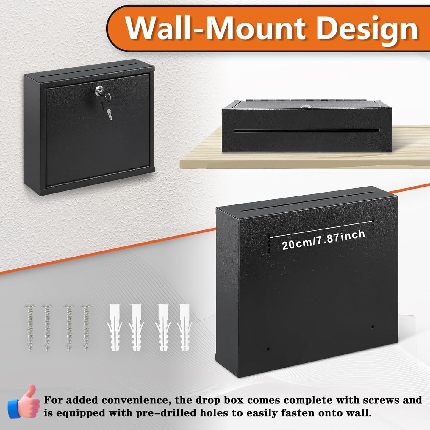 KYODOLED Suggestion Box with Lock and Slot, Small Locking Mailbox for Office, Wall Mount Safe Money/Key Drop Box with 50 Free Suggestion Cards, 9.8" W x 3" D x 7" H, Black