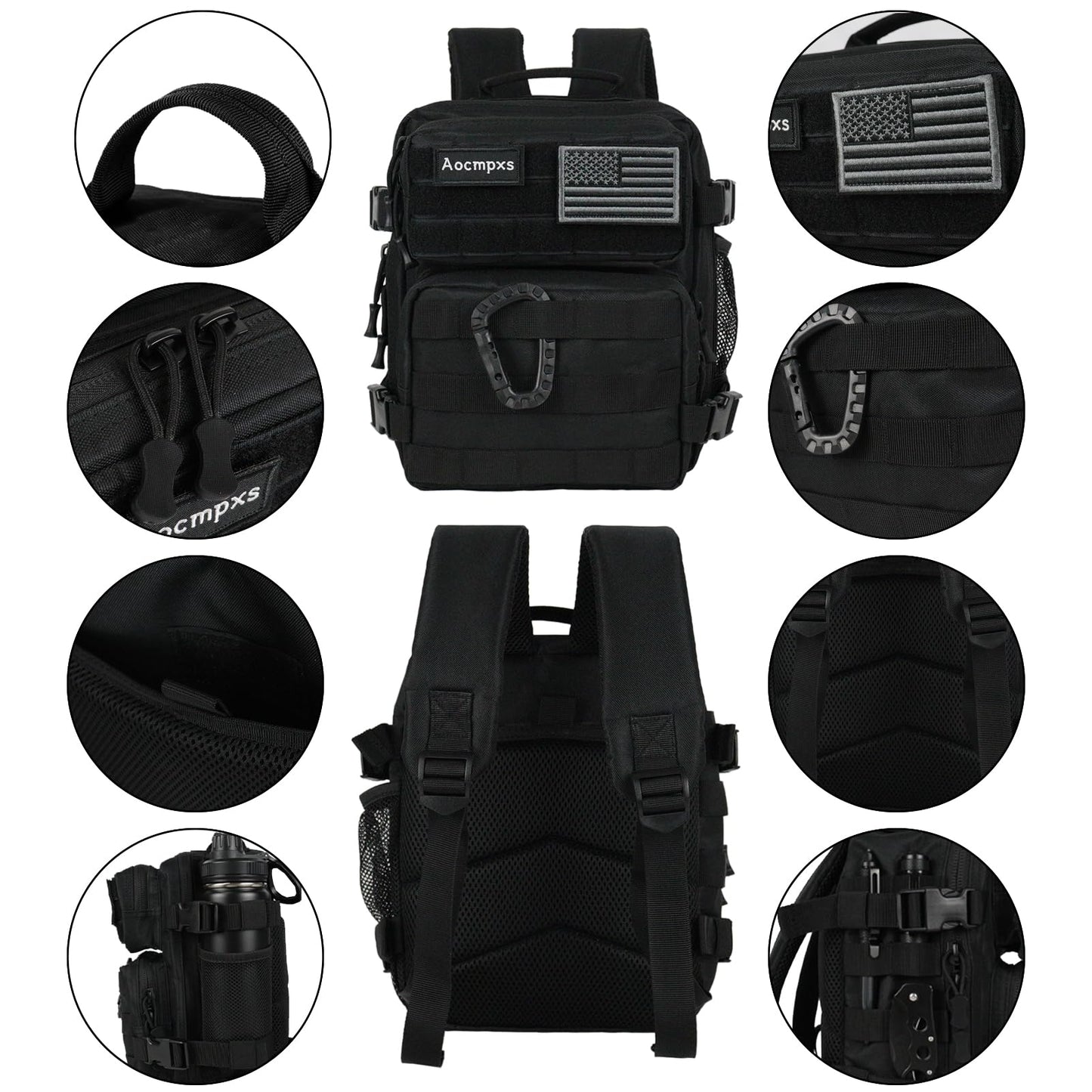 Aocmpxs Mini Tactical Backpack, 9L Small Gym Backpacks Sport Bag for Men Women Molle Military Pack with US Flag Patch and Carabiner (Black)