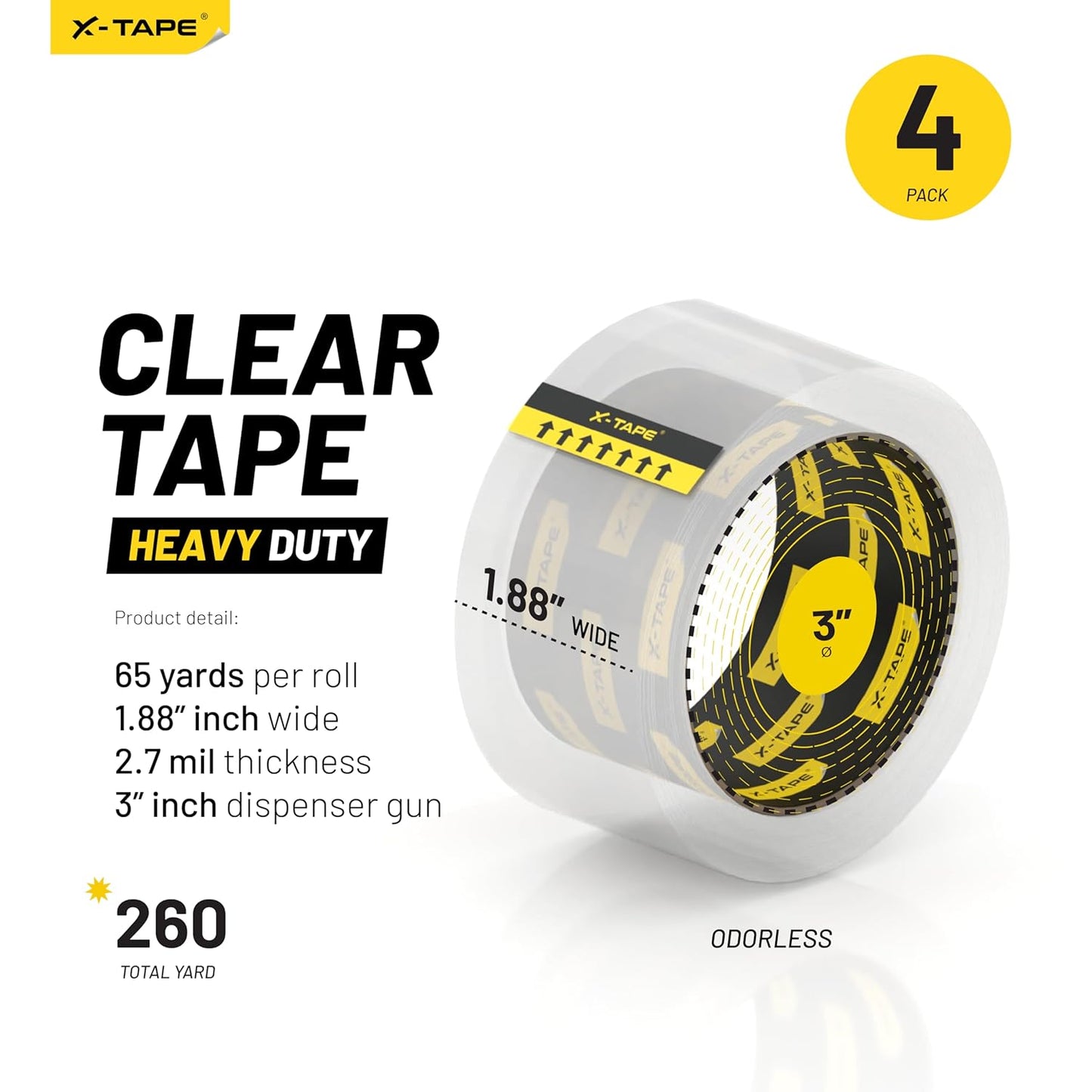 X-Tape Clear Packing Tape (4 Rolls / 260 Total Yards), Heavy Duty Packaging Tape for Shipping, Moving, Sealing and Refills, 65 Yards Per Roll, 2.7mil Thick, 1.88 inches Wide