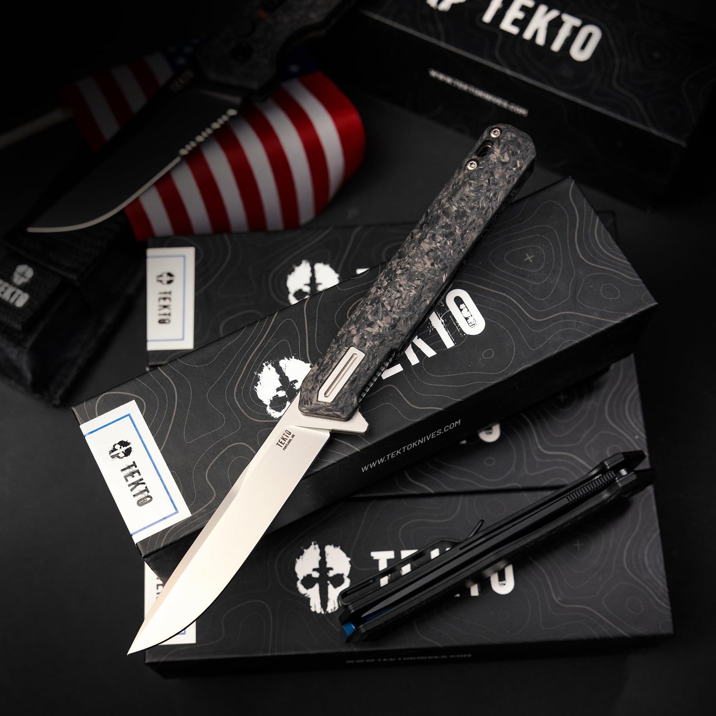 TEKTO F2 Bravo Folding Knife Pocket - D2 Steel Blade, Ceramic Ball Bearings - EDC - Snap, Swift Flip - Camping, Backpacking - 2.4oz (68g), Forged Carbon Handle, Silver Titanium Accents