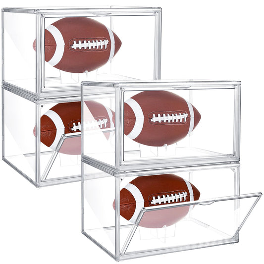 Thyle 4 Pack Football Display Case Full Size Clear Acrylic Stackable Box with Magnetic Door and UV Protection for Autographed Football Memorabilia Display