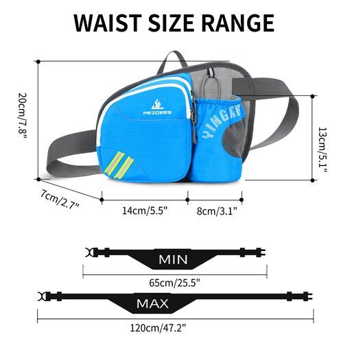 Peicees Waist Bag Fanny Pack with Water Bottle Holder for Men Women Hiking Running Dog Walking Fit All Phones (Bottle Not Included), Colorful Reflective Strip&Zipper-Sky Blue