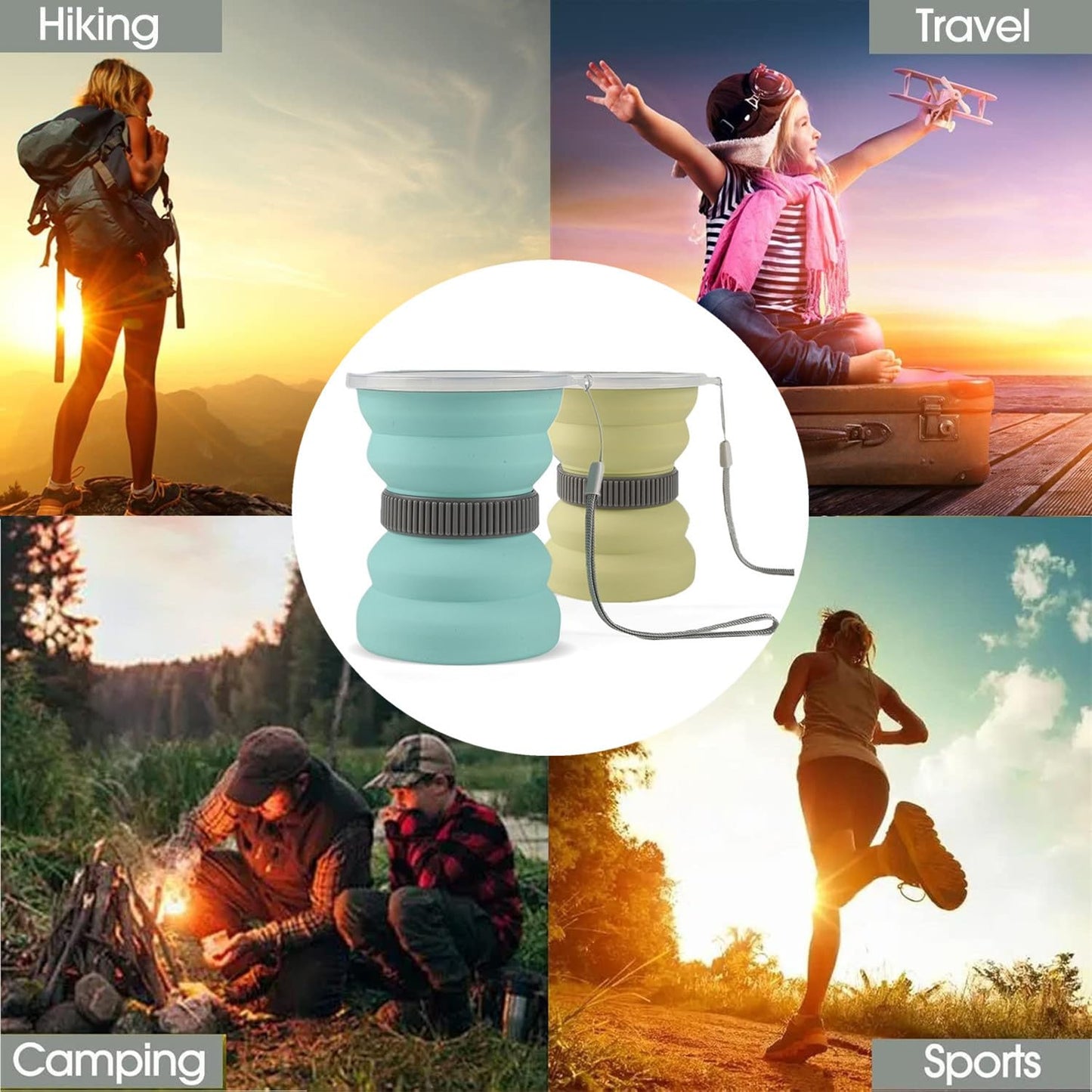 IYYI Collapsible Travel Cup, 10.5oz Foldable Cup with Lid, Silicone Folding Cups for Camping, Hiking, Outdoors, Travel, Portable Camping Cup Set (Green+Sage)