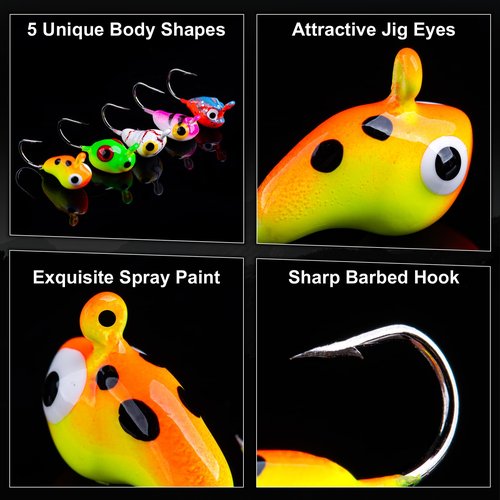 Goture 50pcs Ice Fishing Jigs Kit, Winter Ice Fishing Lures for Panfish, Pike, Trout, Walleye, Crappie, Ice Fishing Tackle with Black Nickel Carbon Steel Hooks in Ice Fishing Lures Box Color A&B