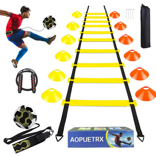 AOPUETRX 20FT Agility Soccer Ladder Training Equipment Set Football Gifts for Boys 8-14 with 12 Cones, Solo Trainer & Jump Rope, Suitable for Home Gym and Playground