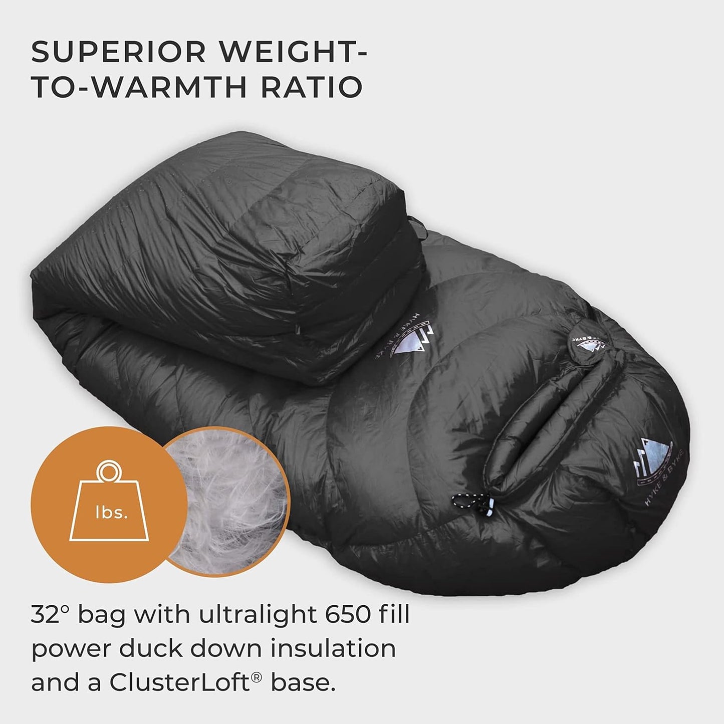 Hyke & Byke Shavano 32 F Hiking & Backpacking Sleeping Bag - 3 Season, 650FP Duck Down Sleeping Bag - Ultralight - Black - 78in - Regular