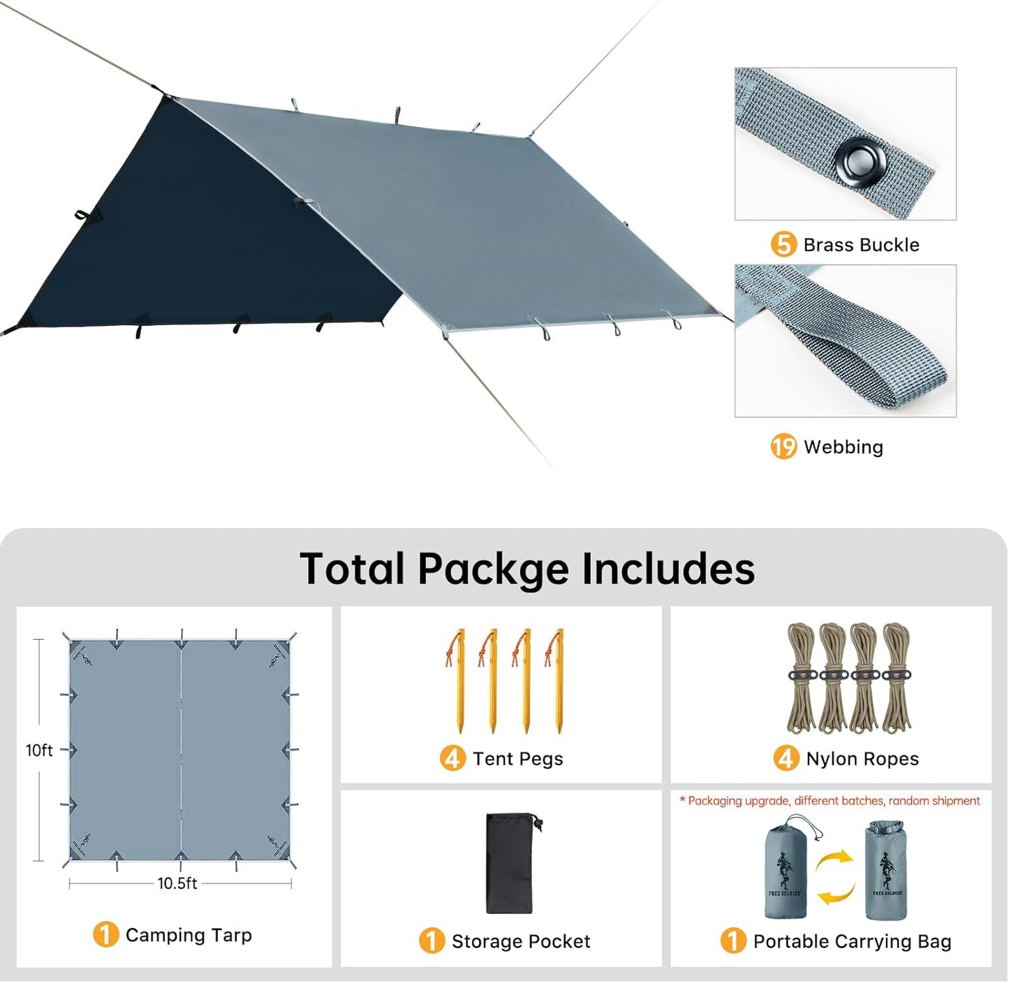 FREE SOLDIER Waterproof Portable Tarp Multifunctional Outdoor Camping Traveling Awning Backpacking Tarp Shelter Rain (Brown 10×10.5ft)