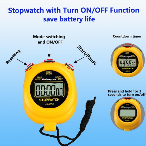 Bairnqner Stopwatch Timer with Countdown, ON/Off Simple Operation No Clock No Date, Digital Stop Watch for Sports, Yellow