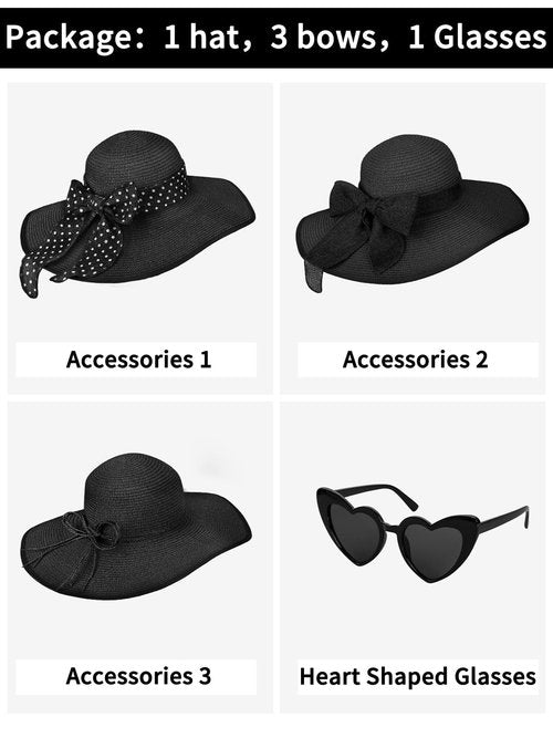 Senker Fashion Sun Hats for Women, Wide Brim Floppy Beach Straw Hat for Summer Travel Vacation Foldable with Sunglasses Black