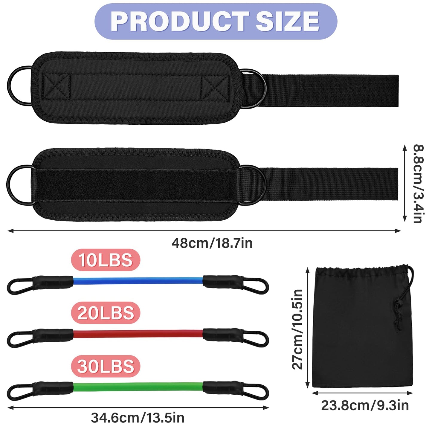 Feelorna Ankle Resistance Bands with Cuffs, Portable Ankle Bands for Working Out, 3 Levels of Resistance, Black