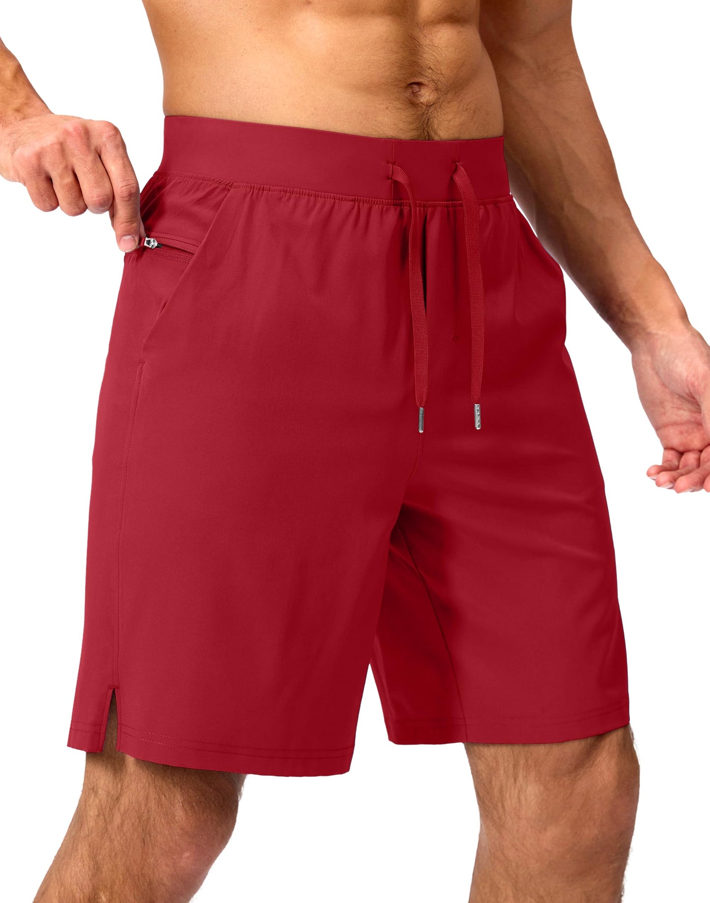 Soothfeel Men's Running Shorts with Zipper Pockets 9 Inch Lightweight Quick Dry Gym Sports Athletic Workout Basketball Shorts for Men (Bone, M) Red