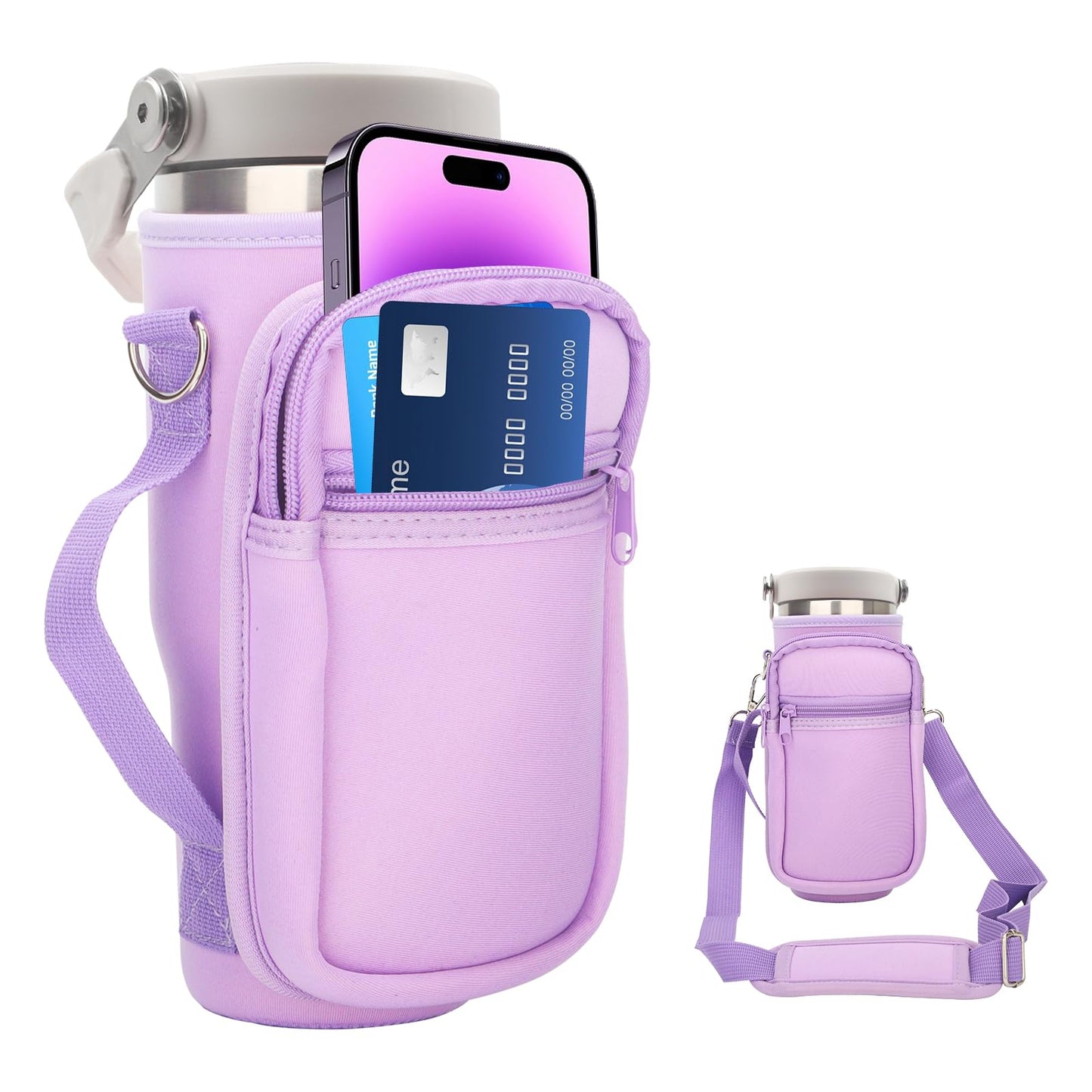 for Stanley Iceflow Flip Straw Tumbler 30 oz, Water Bottle Cup Holder Cover Carrier Sling Bag with Strap, Pouch Pocket for Phone / Accessories, add Handle for Stanley Flip Straw, Neoprene (Purple)