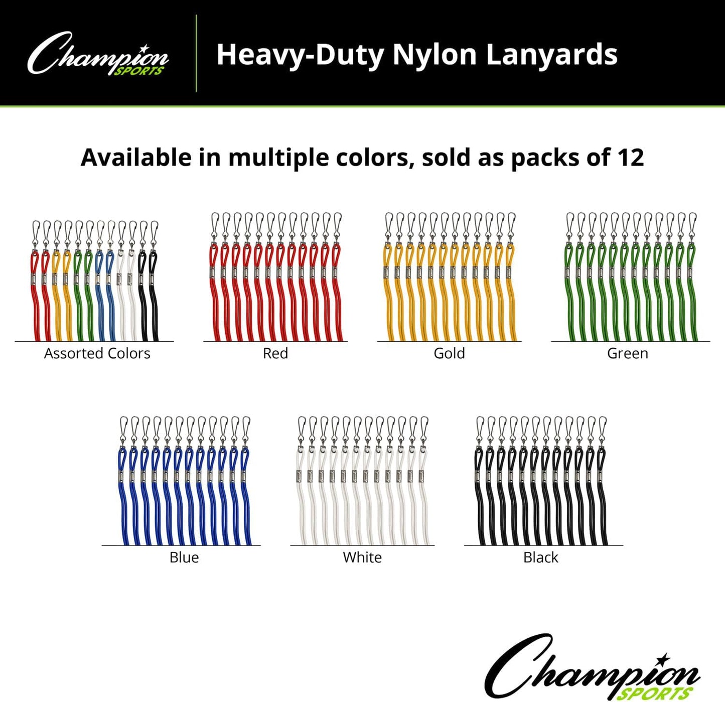 Champion Sports Nylon Lanyards with J-Hook Clip, Gold - 12 Pack (Poly Bag)