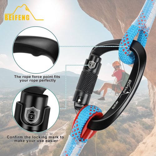 BEIFENG Auto Locking Climbing Carabiner, 25KN Black Twist Lock Heavy Duty Carabiner, UIAA Certified D-Type Large Suitable for Climbing, Rappelling, Rescue, Hammock, Swing etc