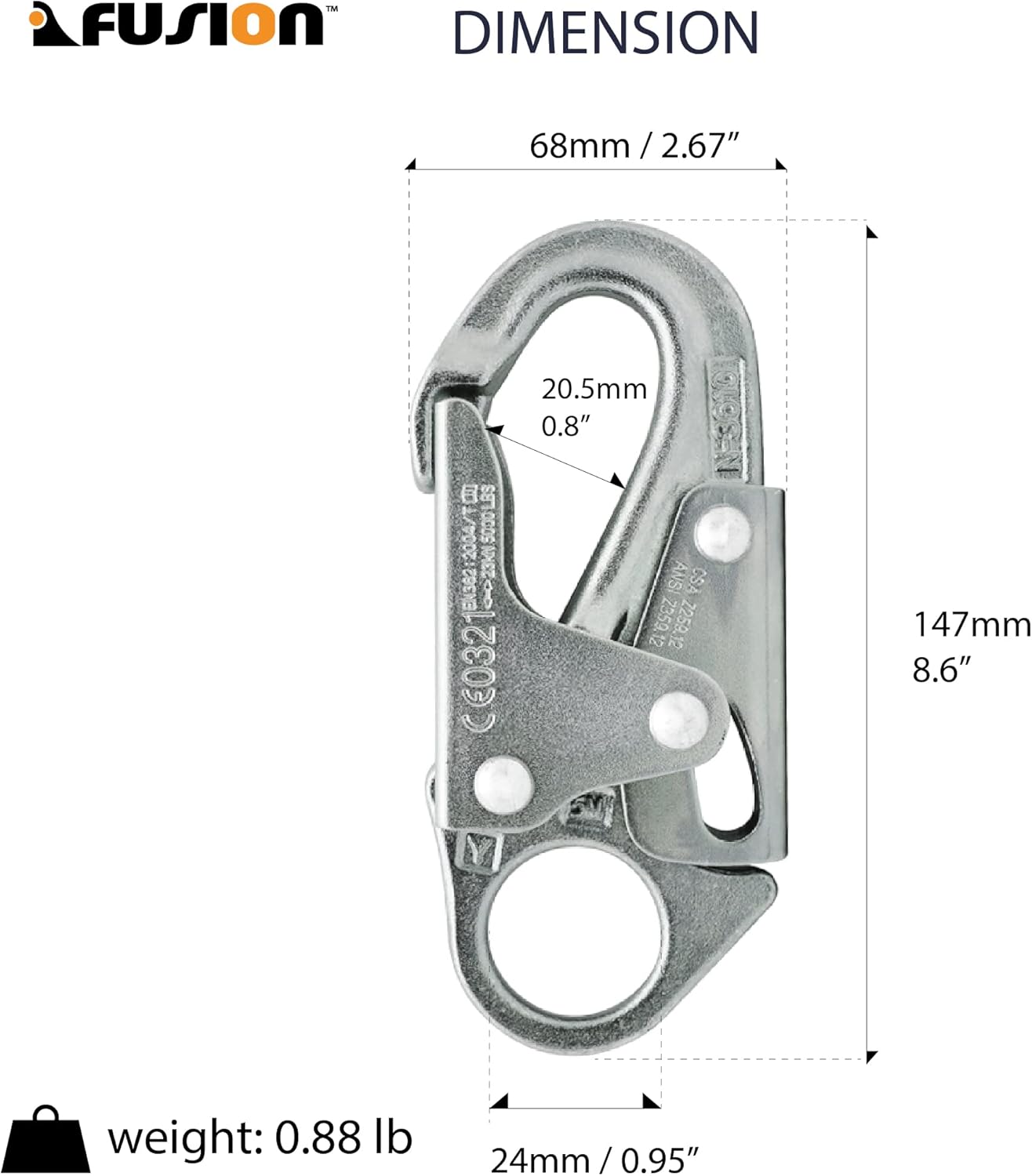 Forged Steel Snap Hook 25KN - Fusion Climb® Maxi-2 - Professional Fall Protection Snap Hook - Heavy Duty Carbon Steel - Double-Action Snap Hook for Safety, Climbing, Rappelling - OSHA