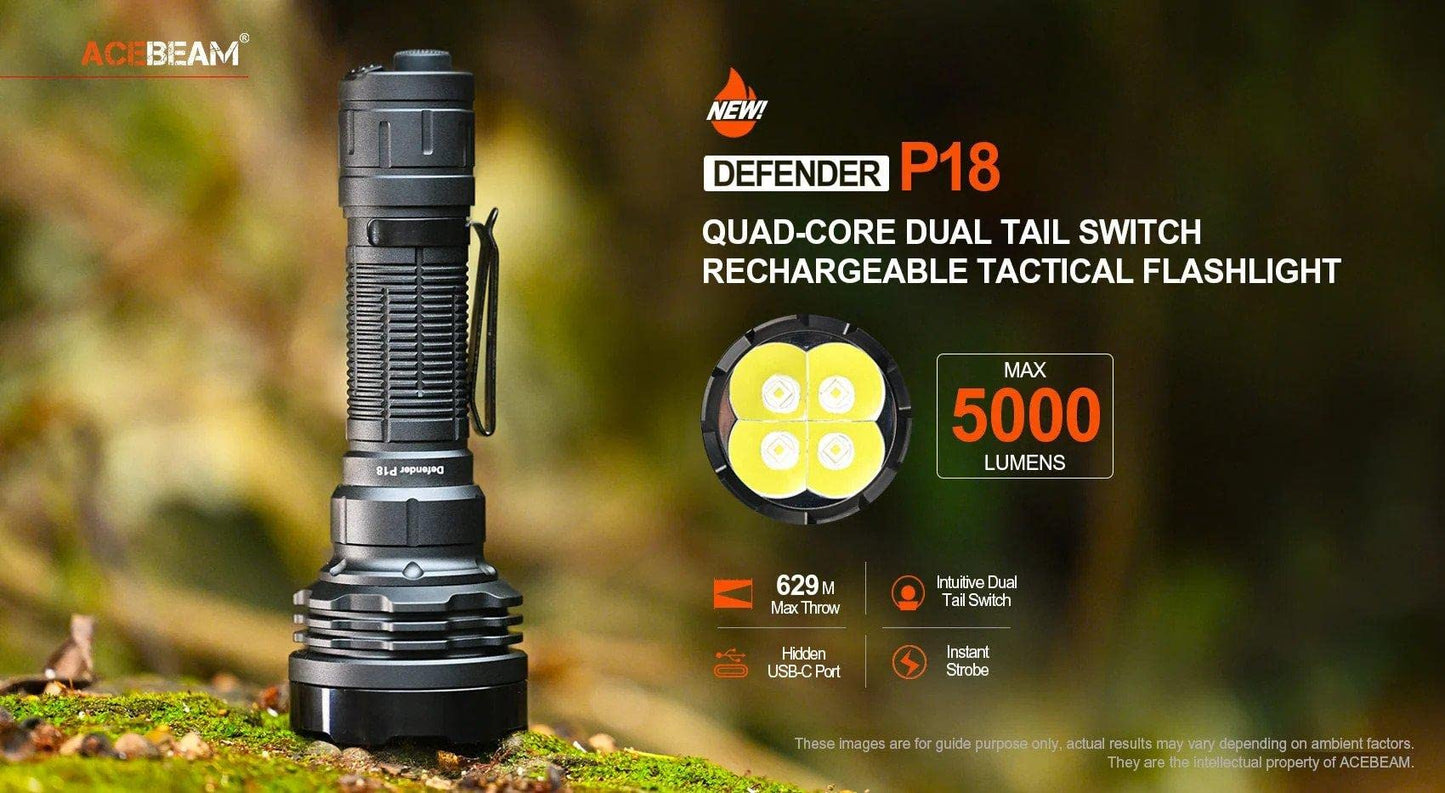 ACEBEAM Defender P18 Dual Switch Rechargeable Flashlight -5000 Lumens w/ Eco-Sensa USB C Charging Cable