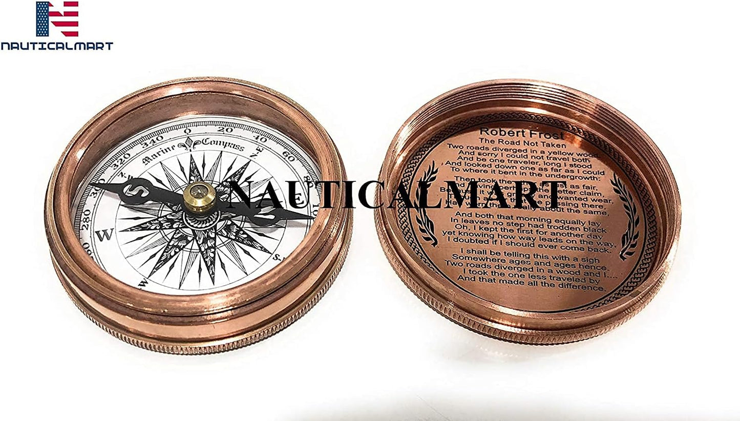 NauticalMart Robert Frost Brass Poem Compass - Copper Finish Pocket Pirate Compass