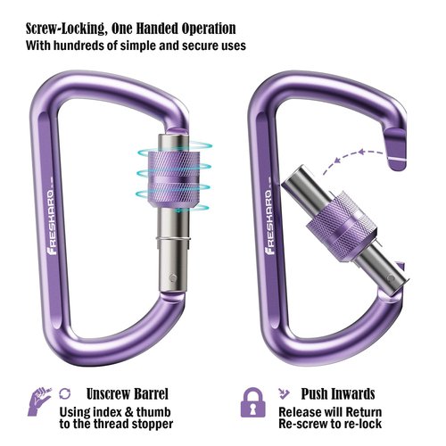 FresKaro Carabiner Clip, Locking and Small Carabiners, Heavy Duty Carbineers, Key and Keychain Clips, Purple Karabiner 3inch, Screw Lock, Aluminum, D-Ring, for Belt, Hammock, Hiking, 2 Pack