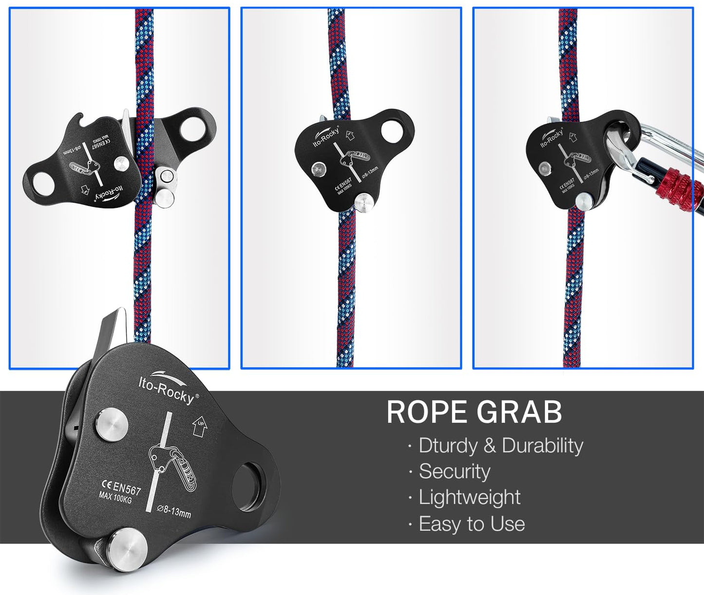 Ito Rocky Rope Grab - Fall Belay Device for Rope Climbing Arborist Rescue and Aerial Work