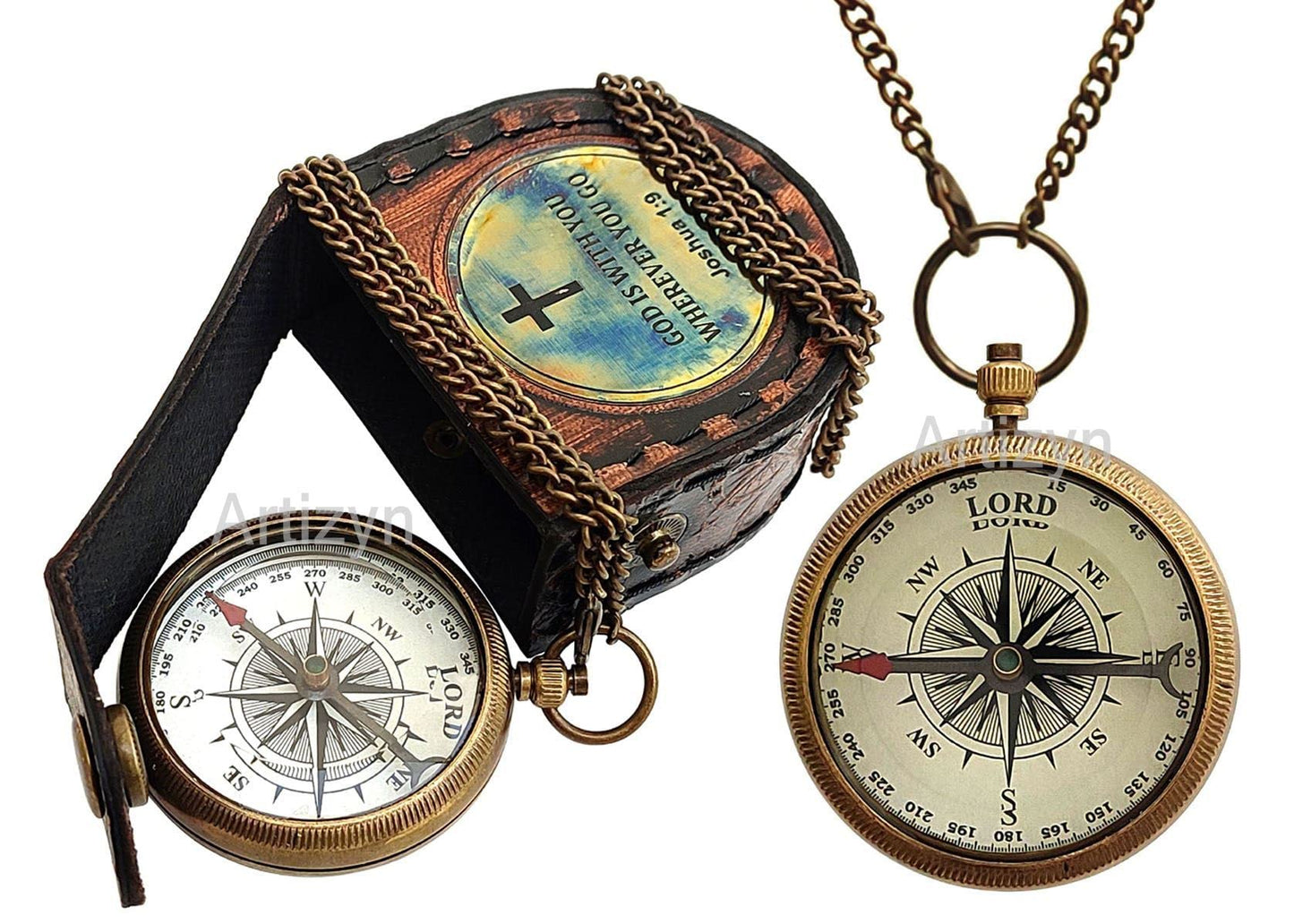 Brass Compass Engraved with Bible Scripture God is with You Wherever You Go Joshua 1:9 Religious Gift, Directional Magnetic Compass with Chain & Leather Carry Case, Baptism Gifts, Confirmation Gifts