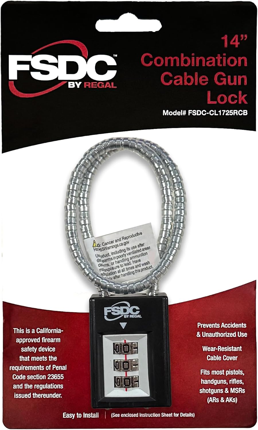 (Firearm Safety Devices), FSDC-CL1725RCB 14" Combination Cable Gun Lock - California Department of Justice-Approved Lock - Scratch-Resistant Paint Finish