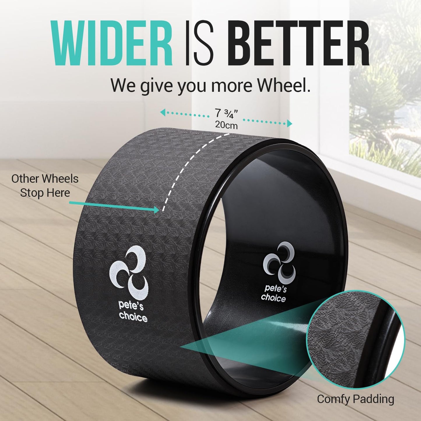 Extra Wide Yoga Wheel - Safer, Comfortable, more Stable Back Roller. Exercise Guide included. Perfect for Beginners. Great Back Stretcher. Improve posture. Large Jumbo Yoga Wheel for back pain.