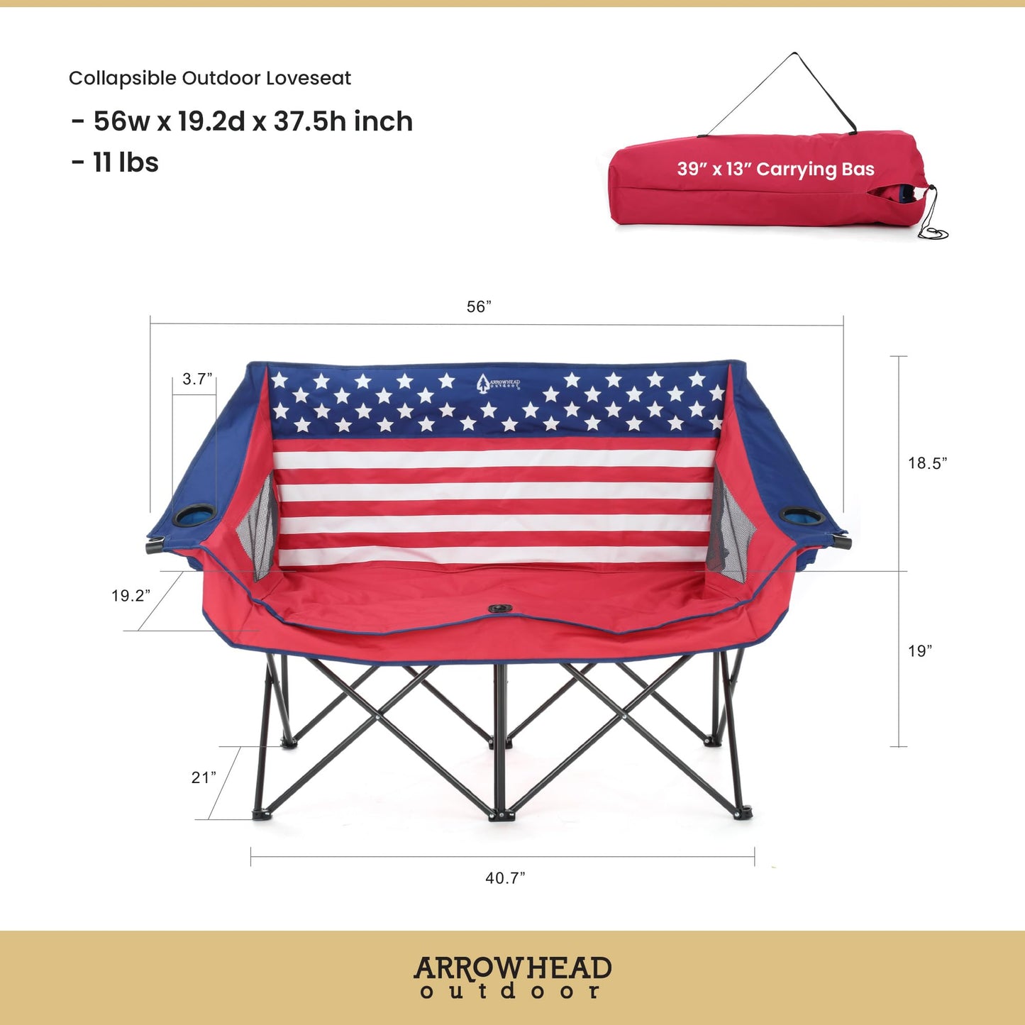 ARROWHEAD OUTDOOR Portable Folding Double Duo Camping Chair Loveseat w/ 2 Cup & Wine Glass Holder, Carrying Bag, Supports up to 500lbs
