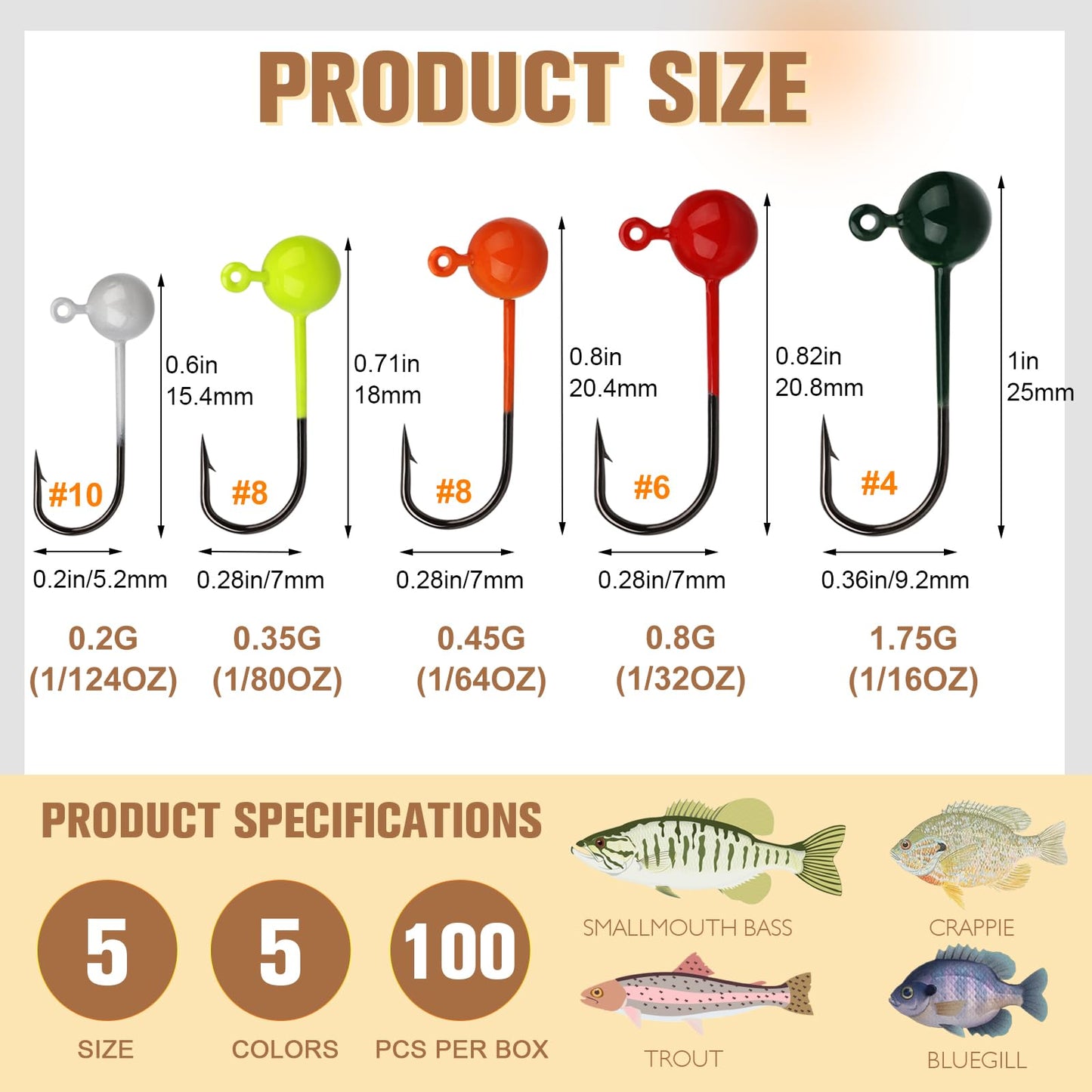 Dovesun 100pcs Fly Tying Jigs Kit, Jig Heads for Fly Fishing 1/64oz Jig Head Fly Fishing Hooks DIY Lure Making Kit Suit for Tying Flies Ice Fishing | Crappie Lures