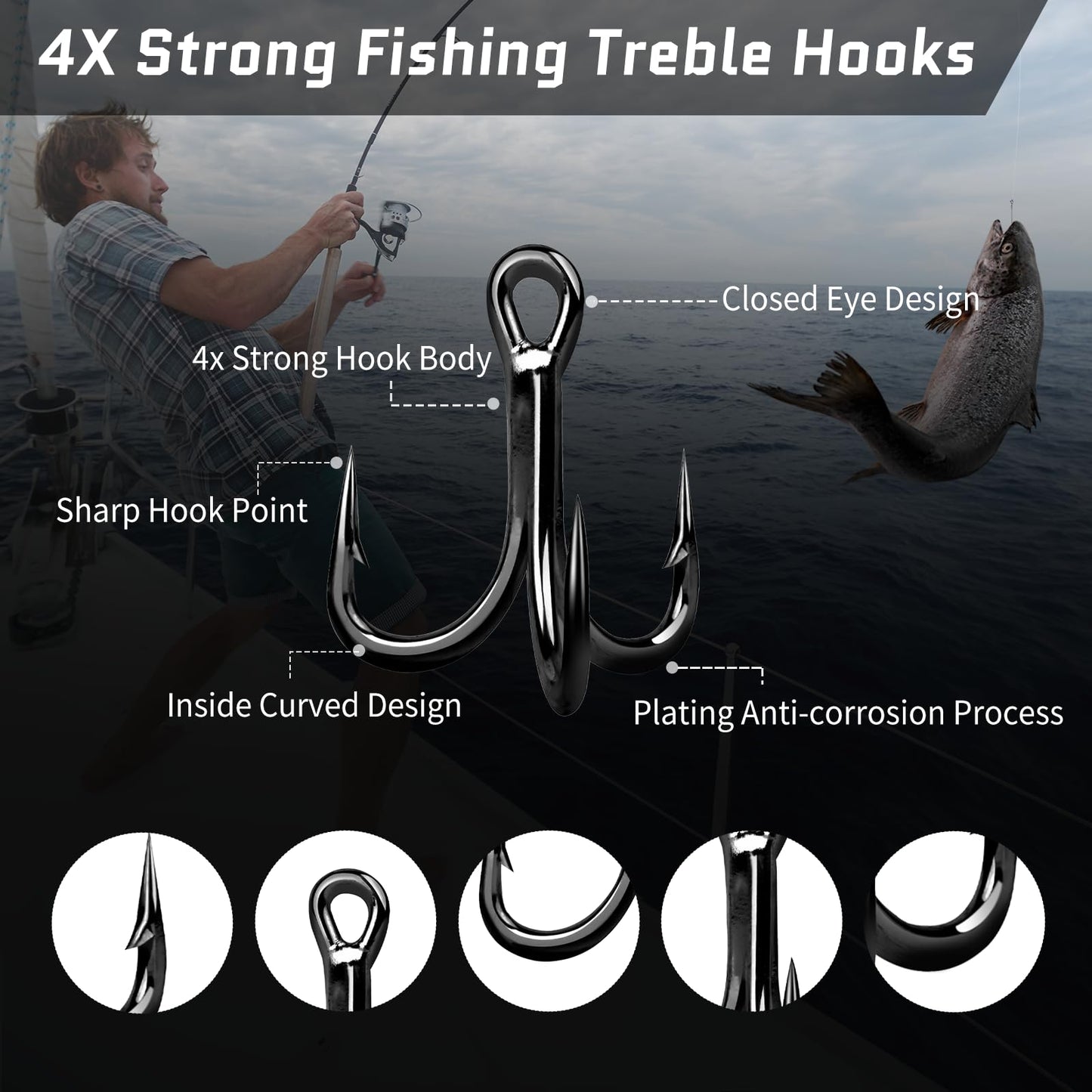FishTrip Treble Fishing Hooks 4X Strong,10pcs/Pack Black Triple Hooks High Carbon Steel,Replacement Hooks on Hard Lures for Freshwater Saltwater Size 12