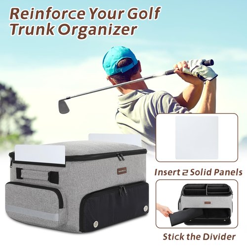 Skureay Golf Trunk Car Locker Organizer, Multi Compartments 2 Layer Car Storage Organizer With Separate Ventilated Shoe Compartment Reflective Strip, To Store Golf Accessories For Men Women (Grey)