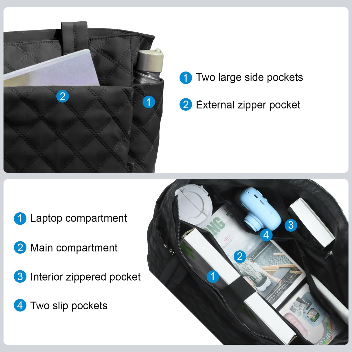 TRIOBASE Tote Bag for Women,Lightweight Quilted Handbag with Compartments,Puffer Shoulder Tote Bag with Zipper for Work,Travel,Gym