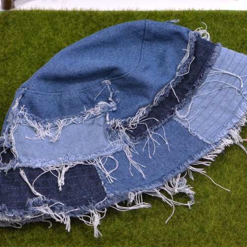 BLUEGLORY Cotton Stitching Patchwork Denim Distressed Bucket Hat, Sun Hat, Hat for Men and Women (YFLM)