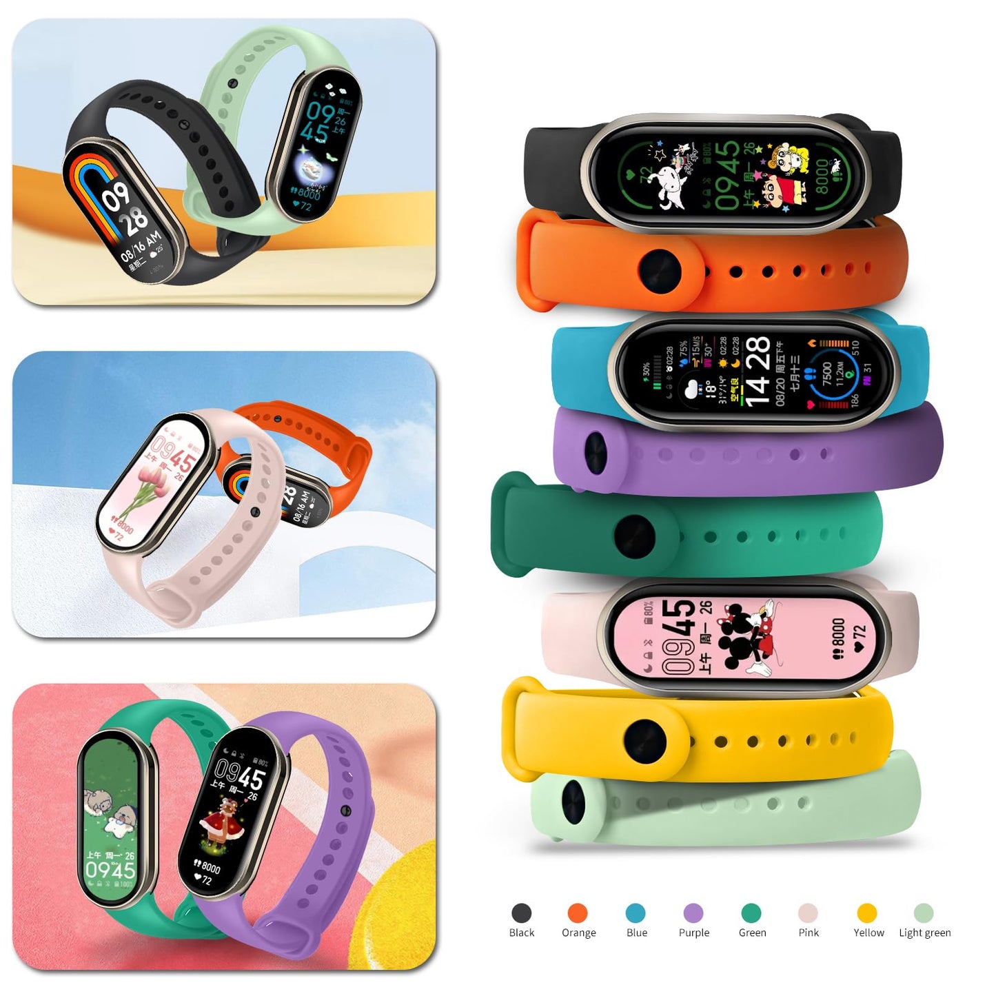 8-Pack Mi Band 10/9/8 Strap, Soft TPU Replacement Watch Bands with Secure Anti-Loss Clasp, Comfortable Sport Wrist Straps for Xiaomi Mi Smart Band 10/9/8 (8 Colors)