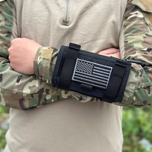 Tactical Arm Sleeve Map Pouch Case Documets Holder Wrist Case Wrist Map Holder Wristband Map Case Military Arm Pouch Tactical USA Flag Patch (Black)