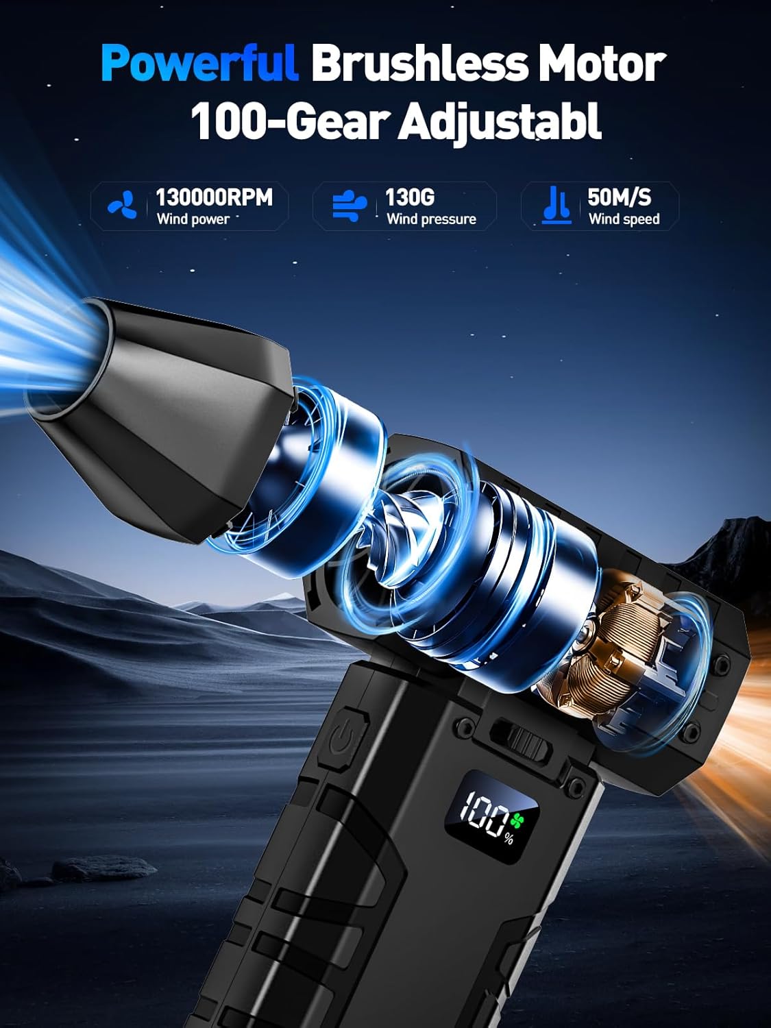 Compressed Air Duster 130000RPM Electric Duster with LED Light Replace Canned Air, 100 Gear Adjustable Rechargeable Cordless Air Blower Cleaning Tool for Keyboard, Computer, Electronic Devices, Car